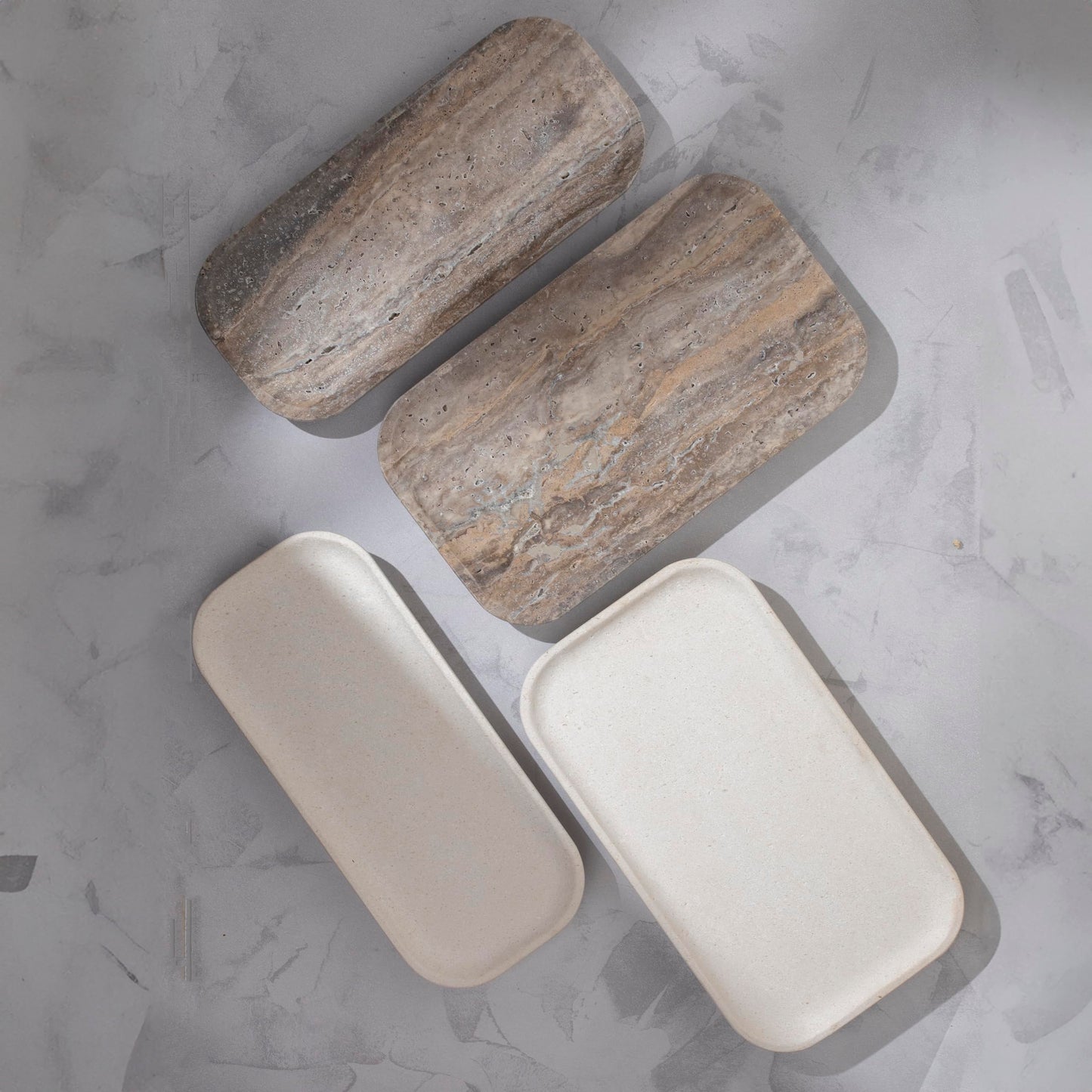 Travertine Marble Footed Tray in White Marble or Silver Travertine – Available in Two Sizes. (White, Large)