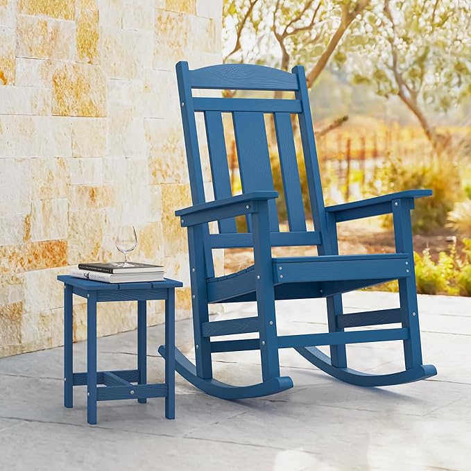 LUE BONA Outdoor Rocking Chairs Set, 3-Piece, HDPS Poly Porch Rockers with Table, Plastic Weather Resistant Rocking Chair Set for Outdoor Indoor, Garden, Backyard, 350lb, Navy Blue Chairs+Table