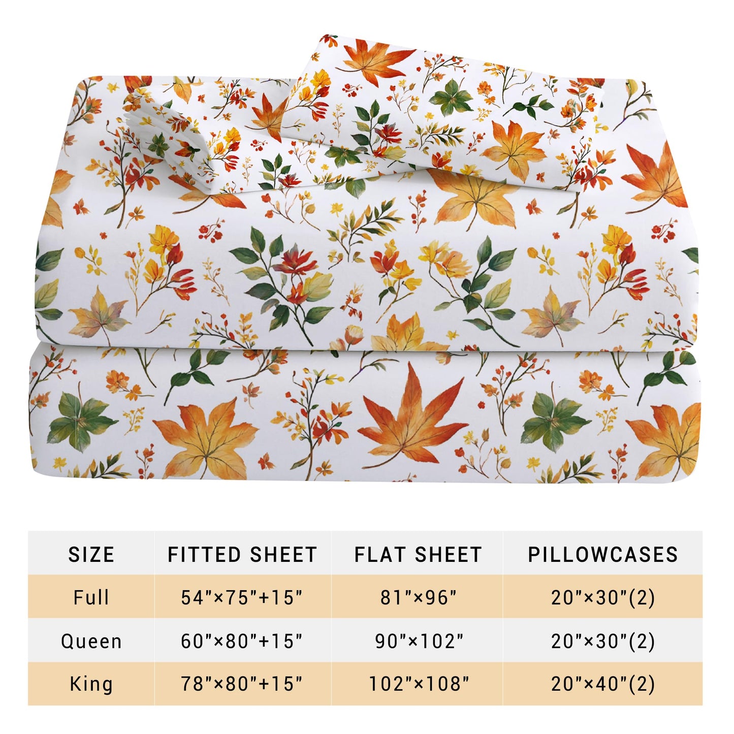 Viviland Floral Twin Sheet Set - 3 Piece Vintage Orange Maple Leaves Patterned Bed Sheets - Soft, Breathable Microfiber Sheets with Deep Pocket, Non-Slip Fitted Sheets & Pillowcases