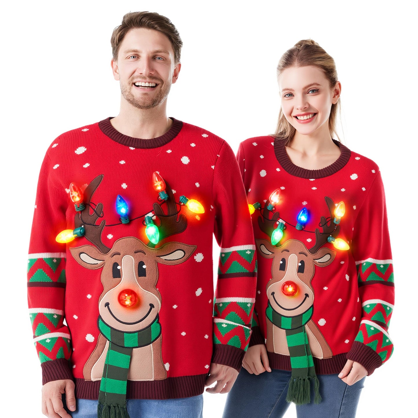 JOYIN Womens LED Light Up Christmas Sweater, Reindeer Christmas Ugly Sweater with Light Bulbs-Red