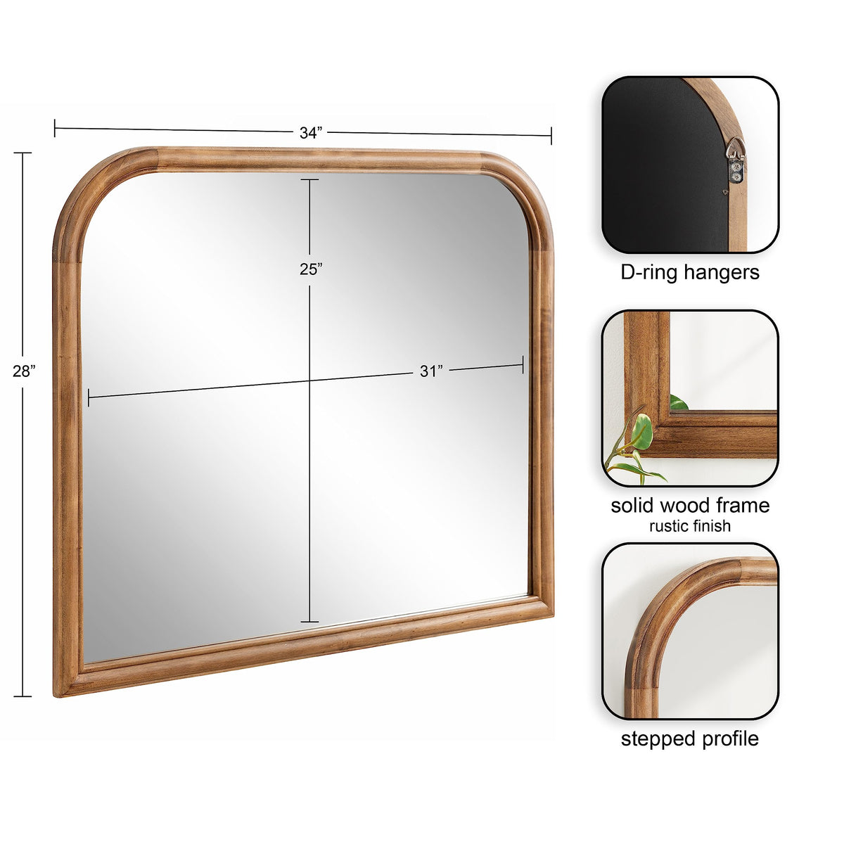Kate and Laurel Glenby Transitional Wide Arch Wall Mirror, 34 x 28, Rustic Brown, Wooden Farmhouse Arched Bathroom Mirror with Rounded and Stepped Frame Profile