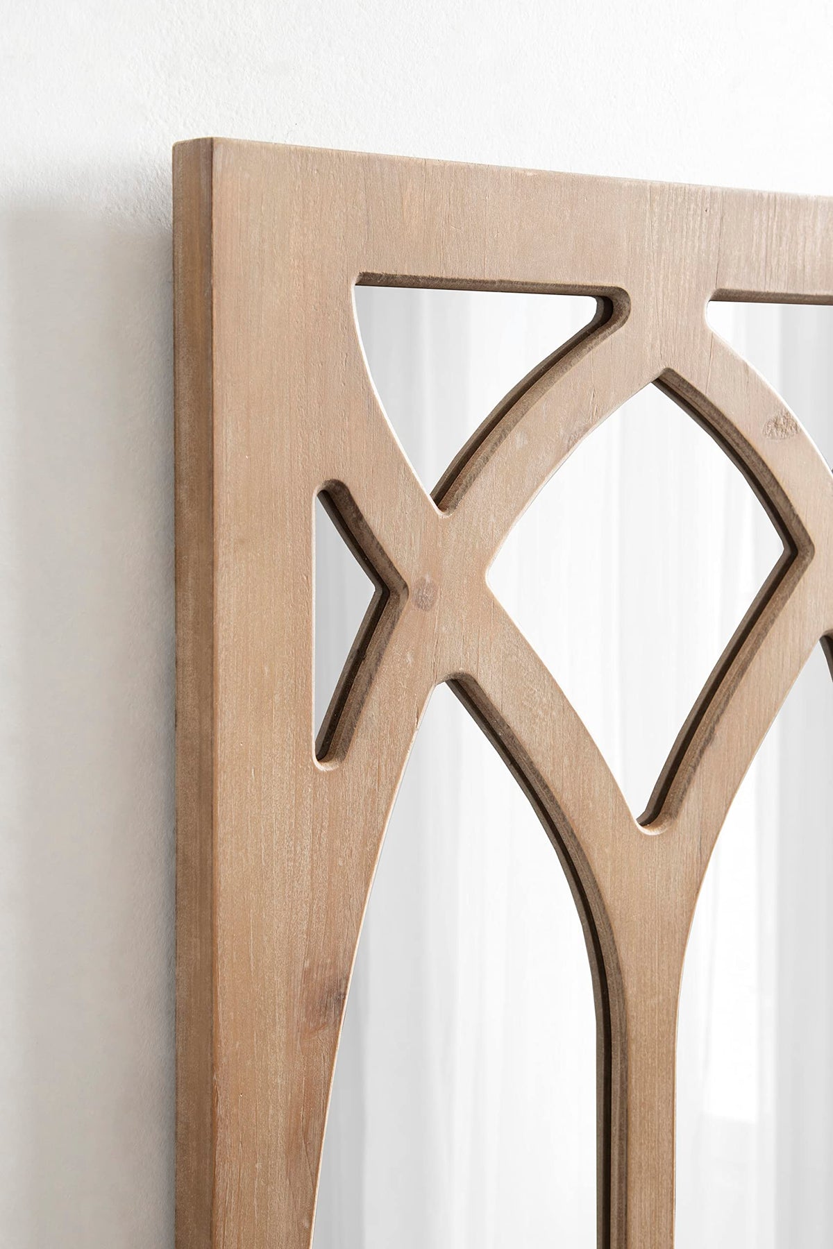 Kate and Laurel Pierette Windowpane Mirror, 16 x 42, Natural Wood, Tall Framed Cathedral Arched Wooden Overlay Mirror