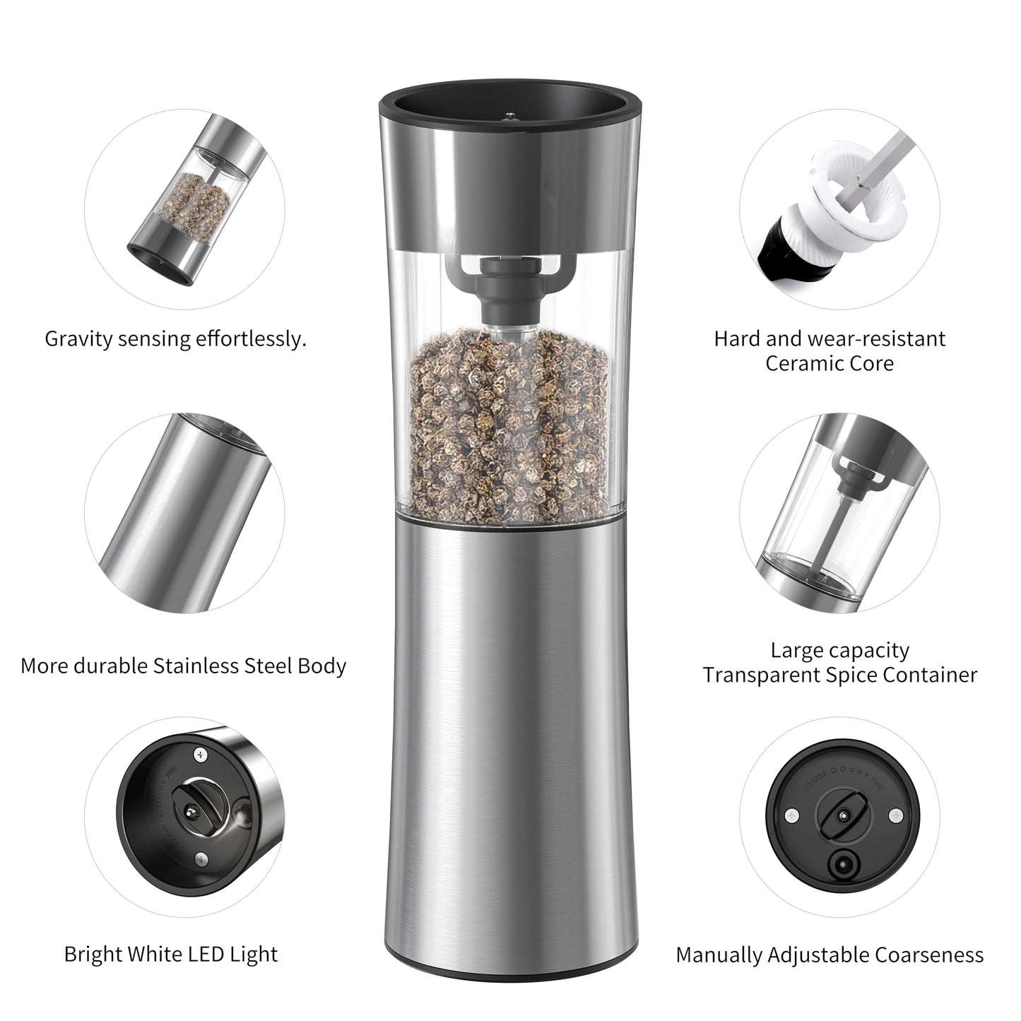 VITSOL Gravity Electric Salt and Pepper Grinder Set, No Battery Needed, One Handed Operation, Automatic Salt & Pepper Mill - Spice Grinder, LED Light (2 Pack) (Stainless Steel Silver)