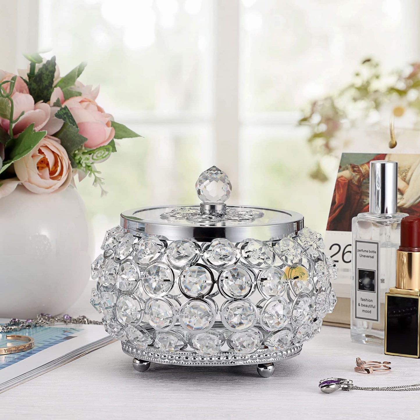 Hipiwe Crystal Jewelry Trinket Box with Glass Lid Silver Mirrored Treasure Box Decorative Jewelry Box Ring Earrings Necklace Storage Keepsake Box Gift for Women
