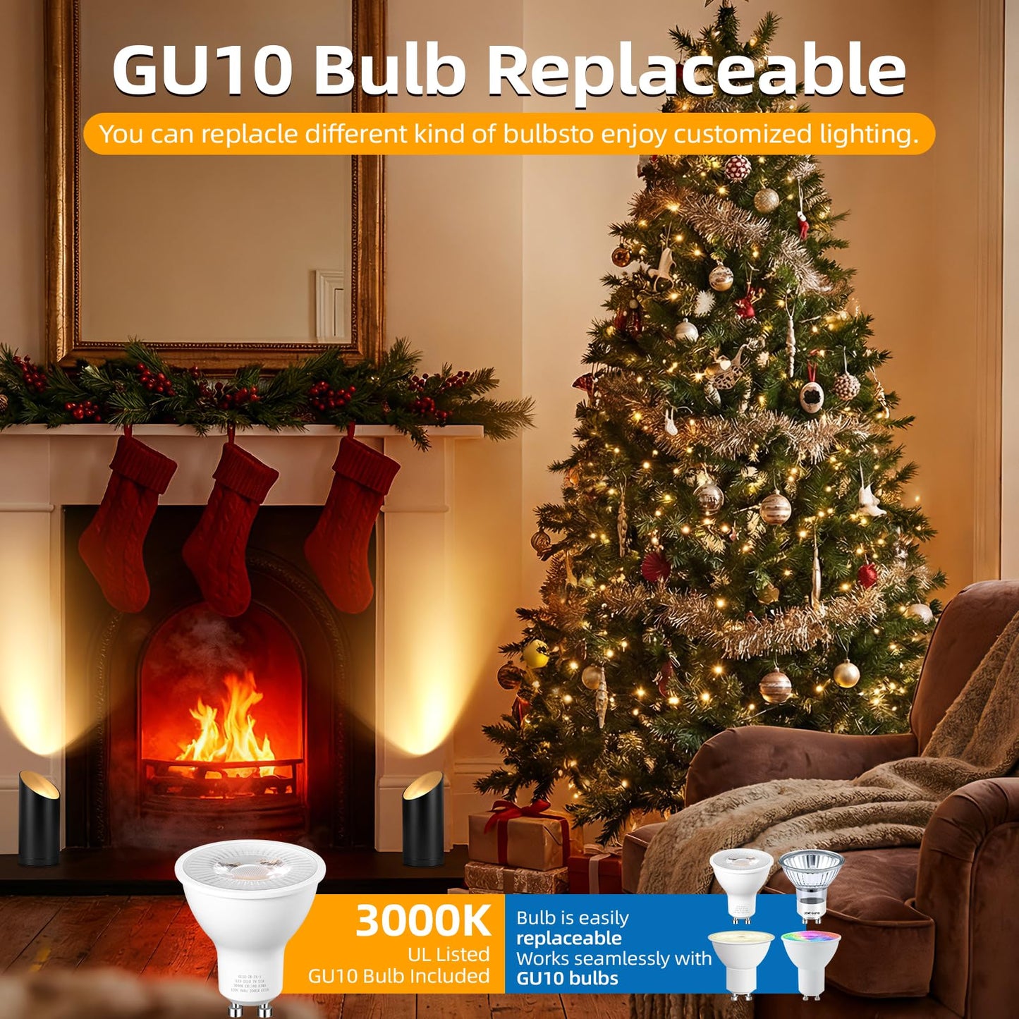 Ribgwo 2 Pack Uplighting Indoor Floor Can Lights,7W LED Up Lights with 3000K GU10 Bulbs, Spot Lights with 5.9 FT Plug Cord & Foot Switch,Ideal for Indoor Corners, Sofas, Plants, and Wall Art