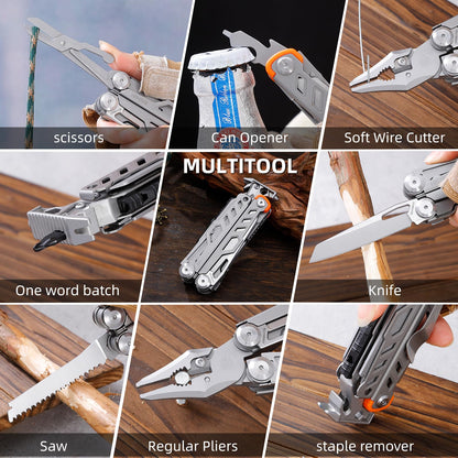 HANSHI Multitool Pliers, 22-in-1 YG10 Tungsten Steel Multi Tool with Scissors,Replaceable Wire Cutters, Flint, Window Breaker, Back Clip,Ideal for Camping, Survival and Gift(Silver)