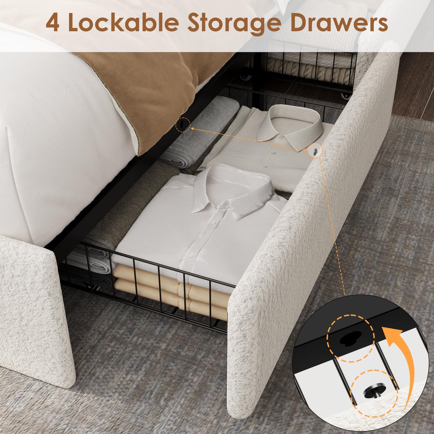 Queen LED Bed Frame with 4 Storage Drawers and Storage Headboard, Soft Boucle Upholstered Platform Bed Frame with Charging Station and USB Ports, Solid Wood Slats Support, No Box Spring Needed, White