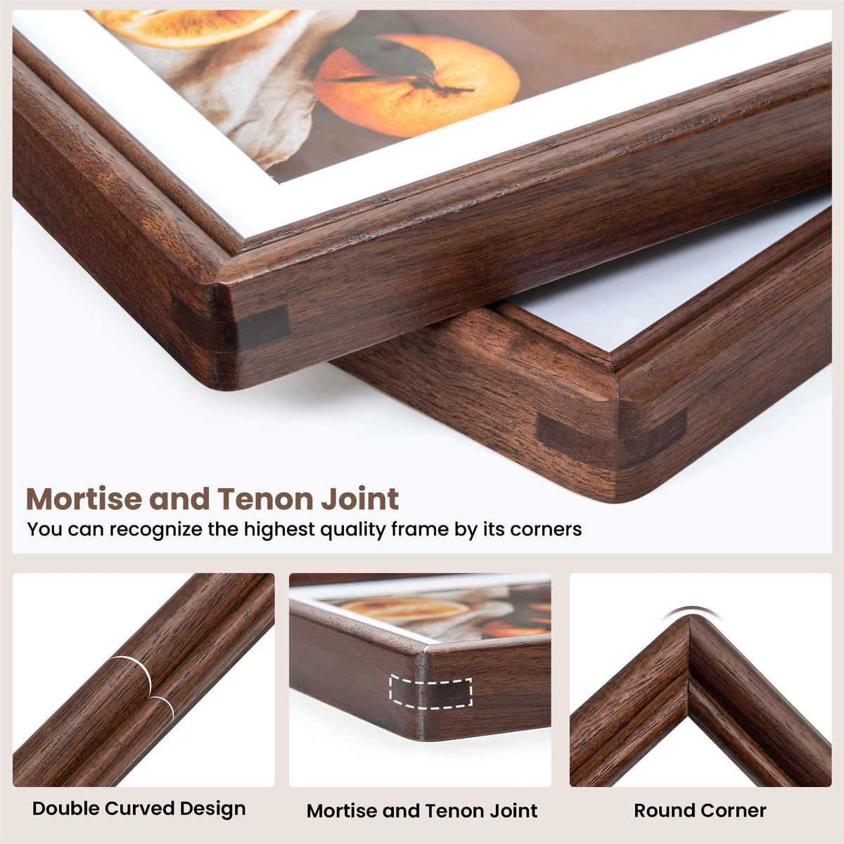 8x10 Picture Frame Set of 3, Natural Solid Walnut Wood Picture Frame with High Tempered Glass, Handcrafted Rounded Corner 8 by 10 Wooden Frame Matted to 5x7 Photo for Wall & Tabletop Display