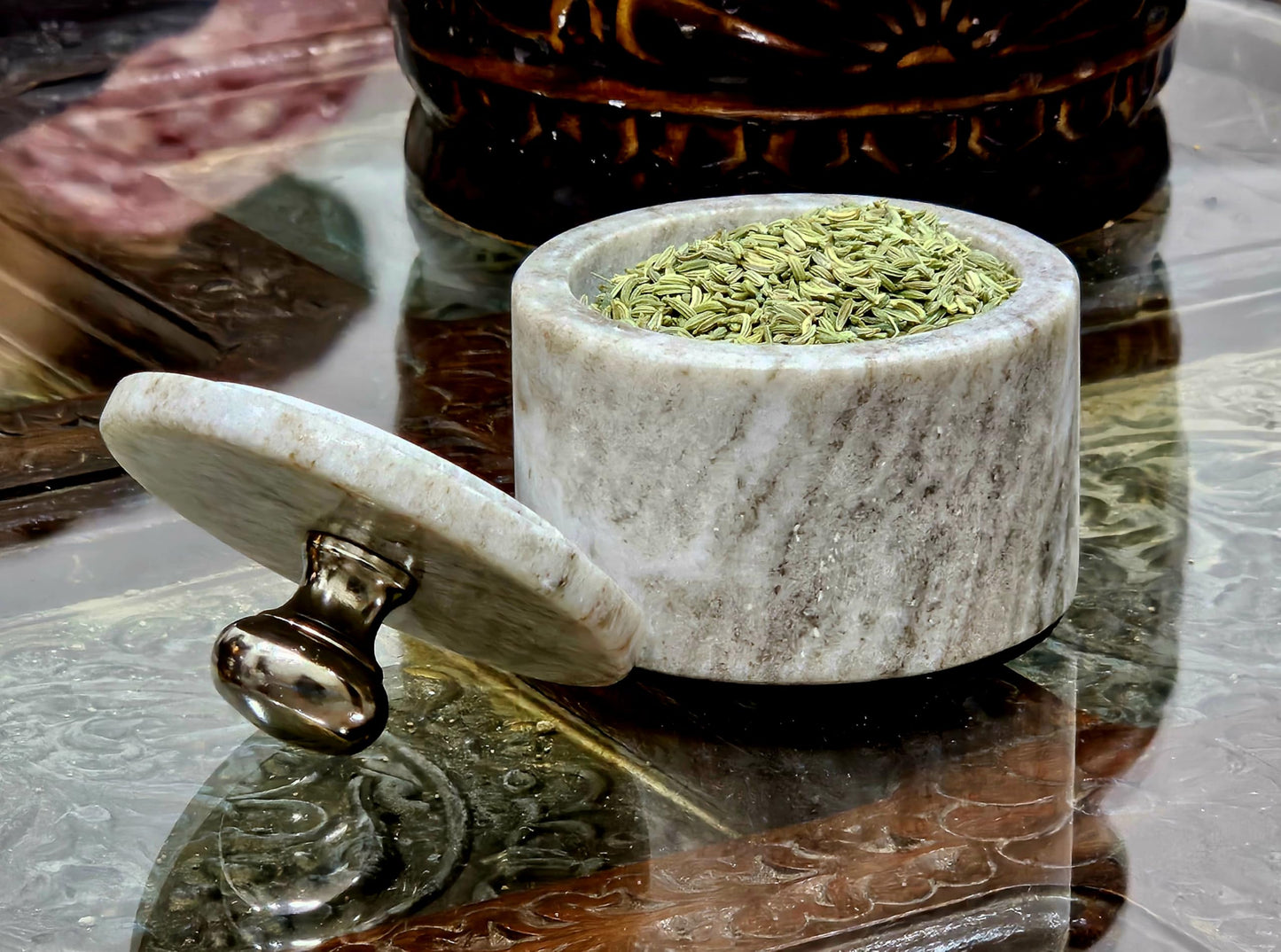 KLEO Marble Salt and Spice Holder with Lid | Small Container (2x3in) | Stone Salt Box/Canister for Kitchen and Dining | Saunf Holder (Beige)