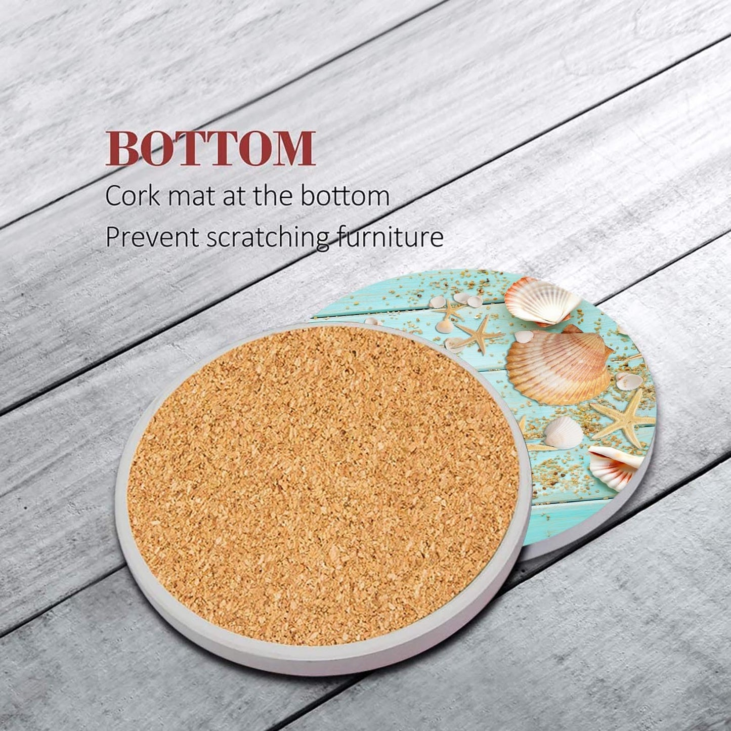 Britimes Coaster for Drinks Set of 6, Beach Seashells Wooden Nautical Wood Sand Table Coastal Absorbent Round Ceramic Stone Mat, with Cork Base and Metal Holder, Gift for Housewarming Room Bar Decor