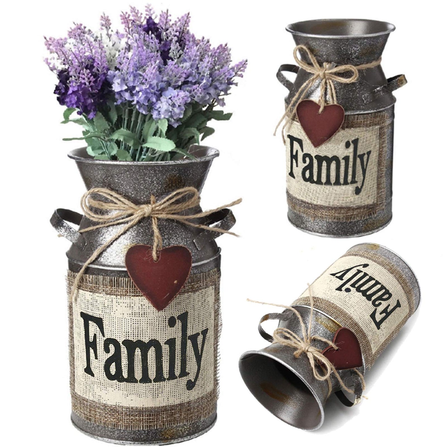 HIDERLYS 7.5" High Rustic Decorative Vase with Greetings and Rope Design, Metal Milk Can Country Jug for Living Room, Bedroom, Kitchen(Family)