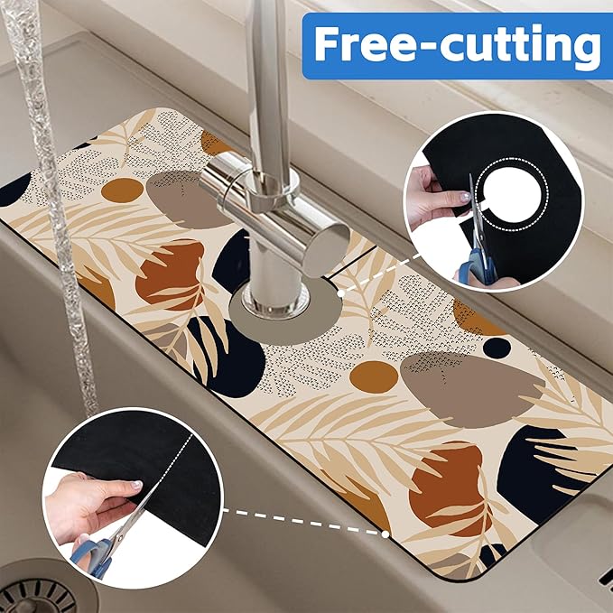 Boho Tropical Leaves Kitchen Sink Splash Guard Mat Absorbent Fast Drying Mat