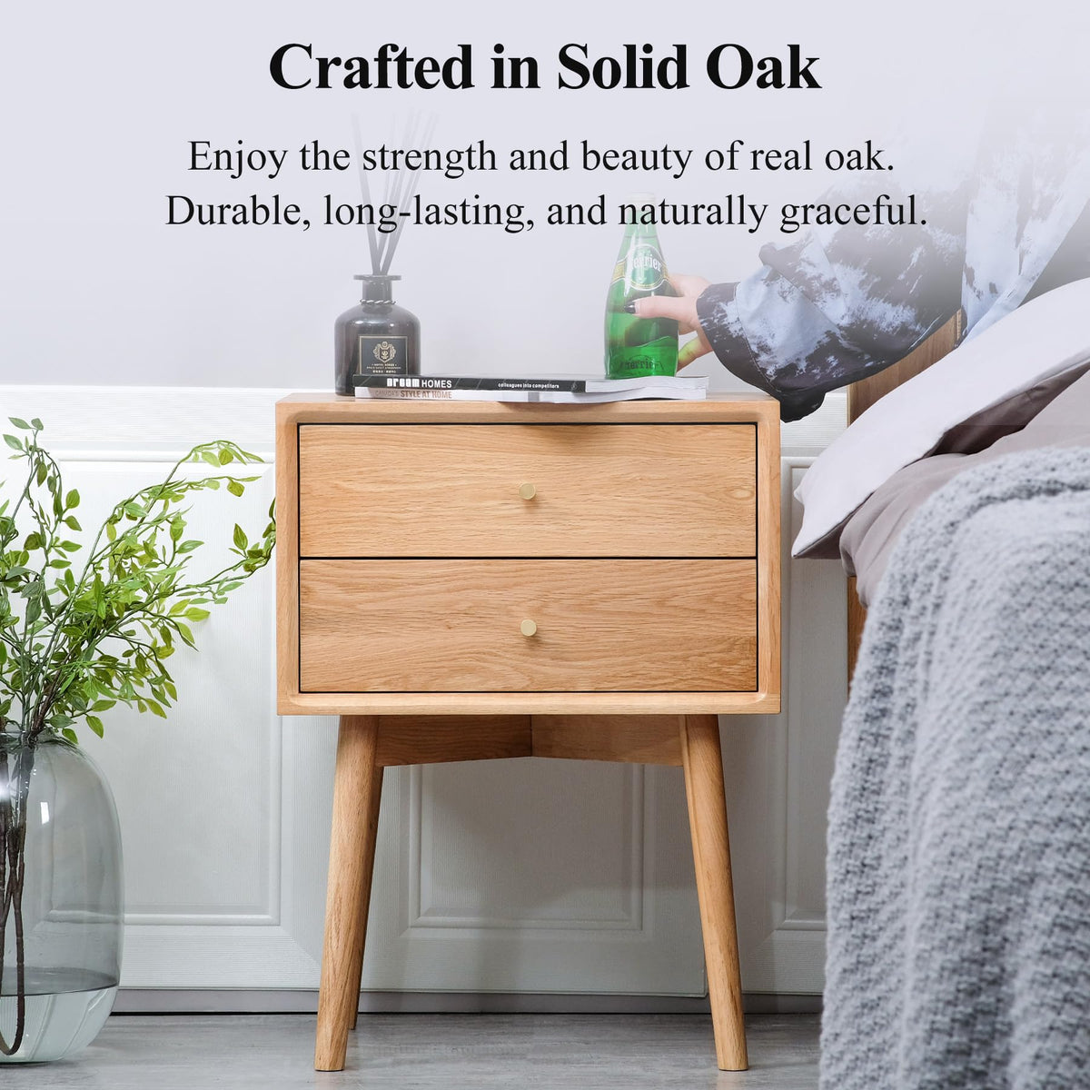Cttasty Night Stand, Midcentury Modern Solid Wood Nightstand with Drawer, Durable Sturdy Tall Bedside Tables with High Stool Leg, 17.72 W x 13.78 D x 23.63 H Inches (Natural)