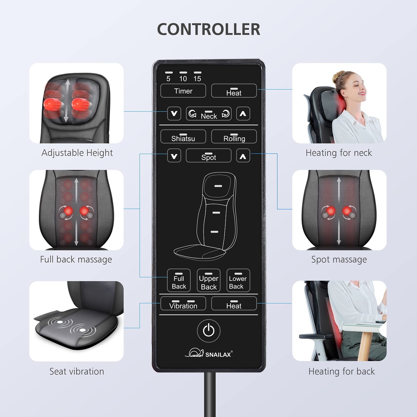 Snailax Shiatsu Neck Back Massager with Heat, Massage Chair Pad with Compression, Height-Adjustable Neck Massage Rollers Chair Seat Massager, Gifts for Men, Women
