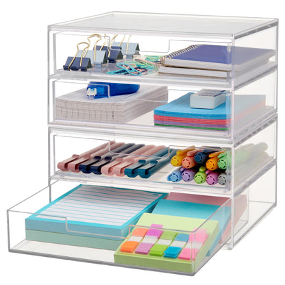 STORi Chloe Space-Saving Clear Drawer Organizer (4 Wide Drawers) Sort Office, Kitchen, Beauty Supplies, Makeup, Pens, Jewelry, Stationary, Made in USA