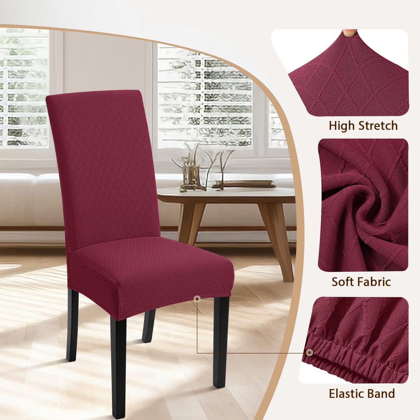 SearchI Dining Room Chair Covers Set of 4, Stretch Jacquard Parsons Chair Slipcovers Removable Washable Kitchen Chair Protector Cover for Dining Room, Hotel, Ceremony (Wine Red Rhombus)