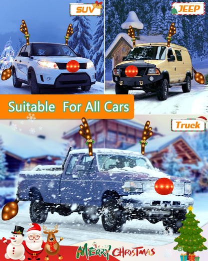 Christmas Reindeer Antlers Car Decoration Kit with LED Warm White Lights, Vehicle Christmas Car Kit with Jingle Bells Rudolph Reindeer and Nose, Tail for The Trunk