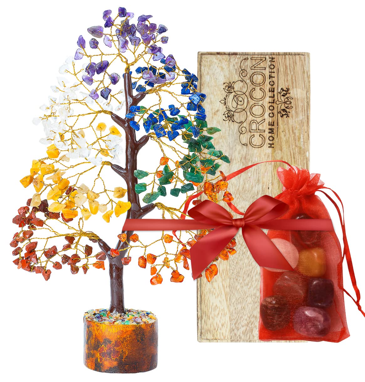 Crocon® 7 Chakra Tree of Life Crystal with Seven Chakra Tumbles, Wooden Decor Base Tray, Handmade Gemstone Birthday Gifts for Women Men Friends Crystal Decorations, Spiritual Gifts, Feng Shui Decor