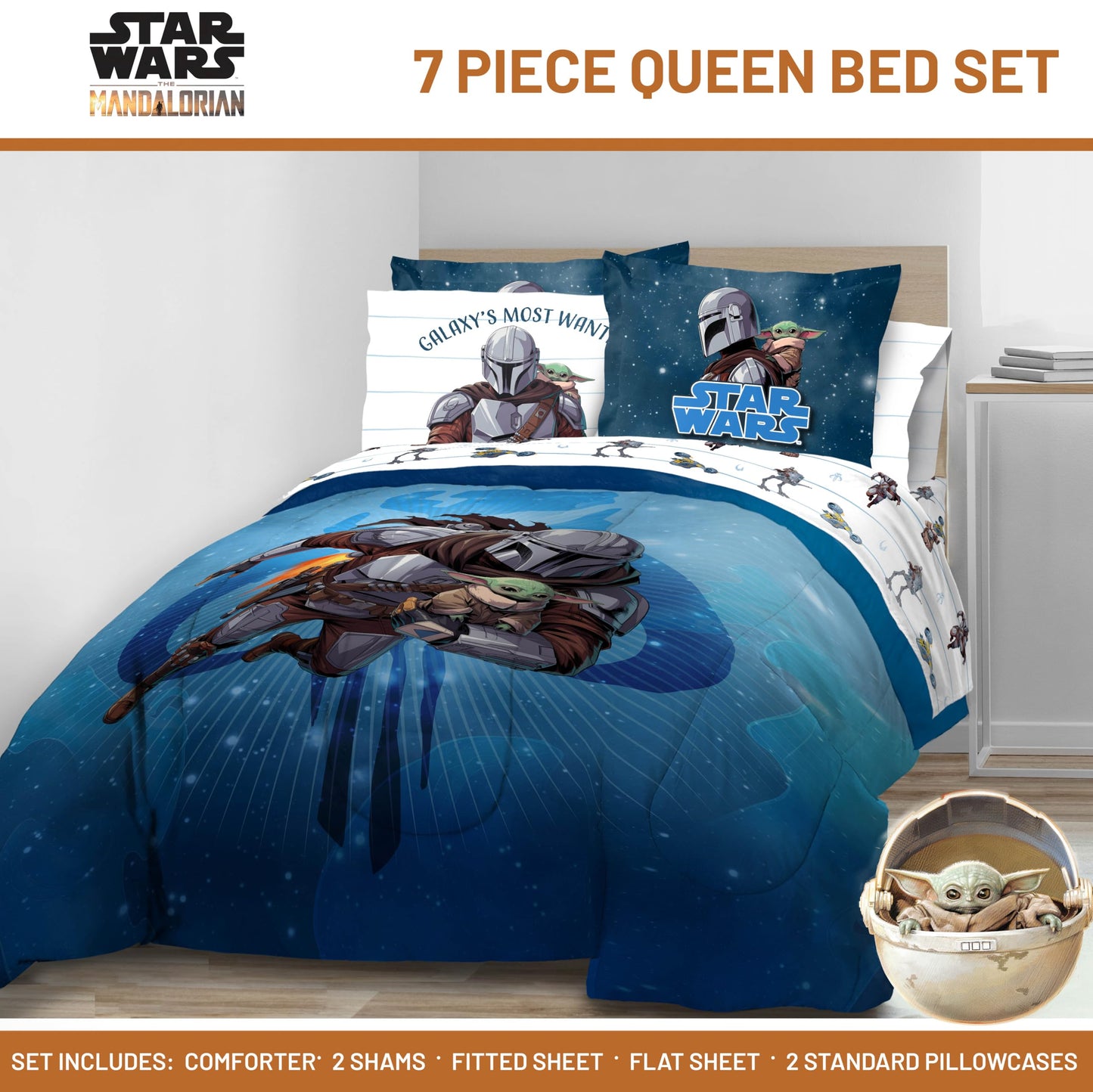 Jay Franco Kids Bed Set, Blue, The Mandalorian, 7 Piece Queen