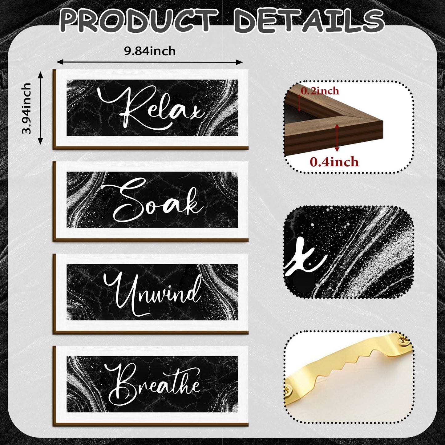 Bathroom Wall Decor 4 Pieces - Modern Marble Relax Soak Unwind Breathe Signs - Elegant Spa Bathroom Wall Art - Minimalist Wooden Plaque Set for Bathtub Home Decor Housewarming Gift