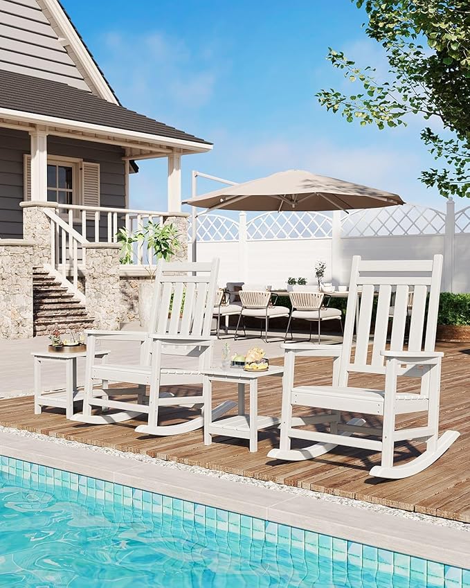 HDPE Rocking Chair Outdoor Set of 2 - Poly High Back Porch Rocker Chairs for Adults - All Weather Resistant Furniture for Patio Front Porch - White