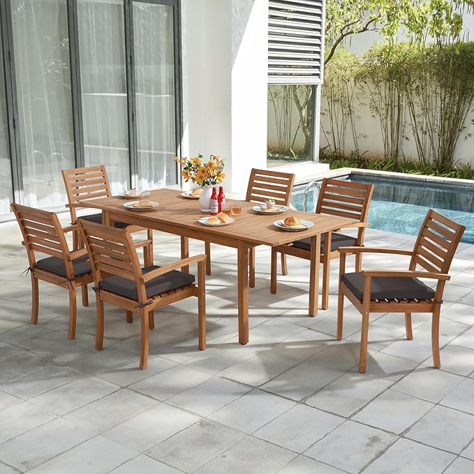 OC Orange-Casual Stackable Patio Dining Chairs Set of 6, Outdoor Acacia Wooden Chairs w/Armrest & Removeable Fabric Cushion, for Porch, Backyard, Garden, Indoor, Dark Grey