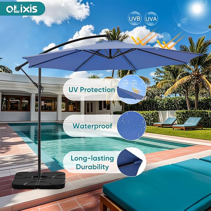 OLIXIS 10FT Offset Patio Umbrella, Cantilever Table Umbrellas for Outdoor Sun Shade UV Protection with Easy Tilt Adjustment, 8 Ribs for Backyard, Lawn, Garden, Pool - Blue