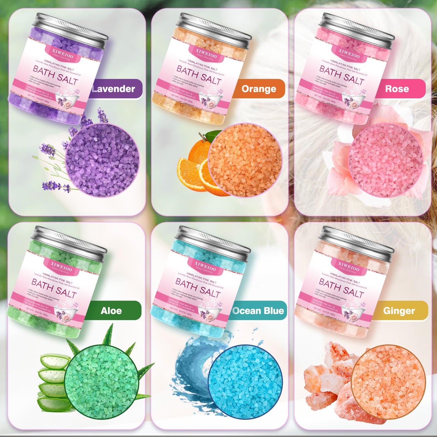 XIWEIOO 6 Pack Bath Salt KIT for Soaking Himalayan Pink Salt Lavender Orange Rose Pink Scent Epsom Salt Bubble Bath for Women Gift with Dead Sea Salt Moisturizing Skin Essential Oil