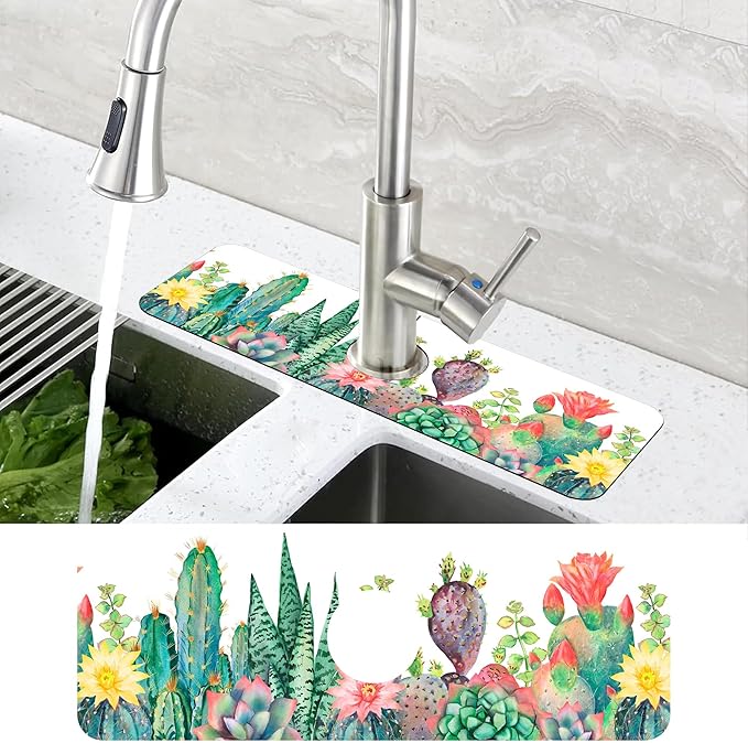 Watercolor Cactus Floral Sink Faucet Absorbing Mat Sink Splash Guard Faucet Mat