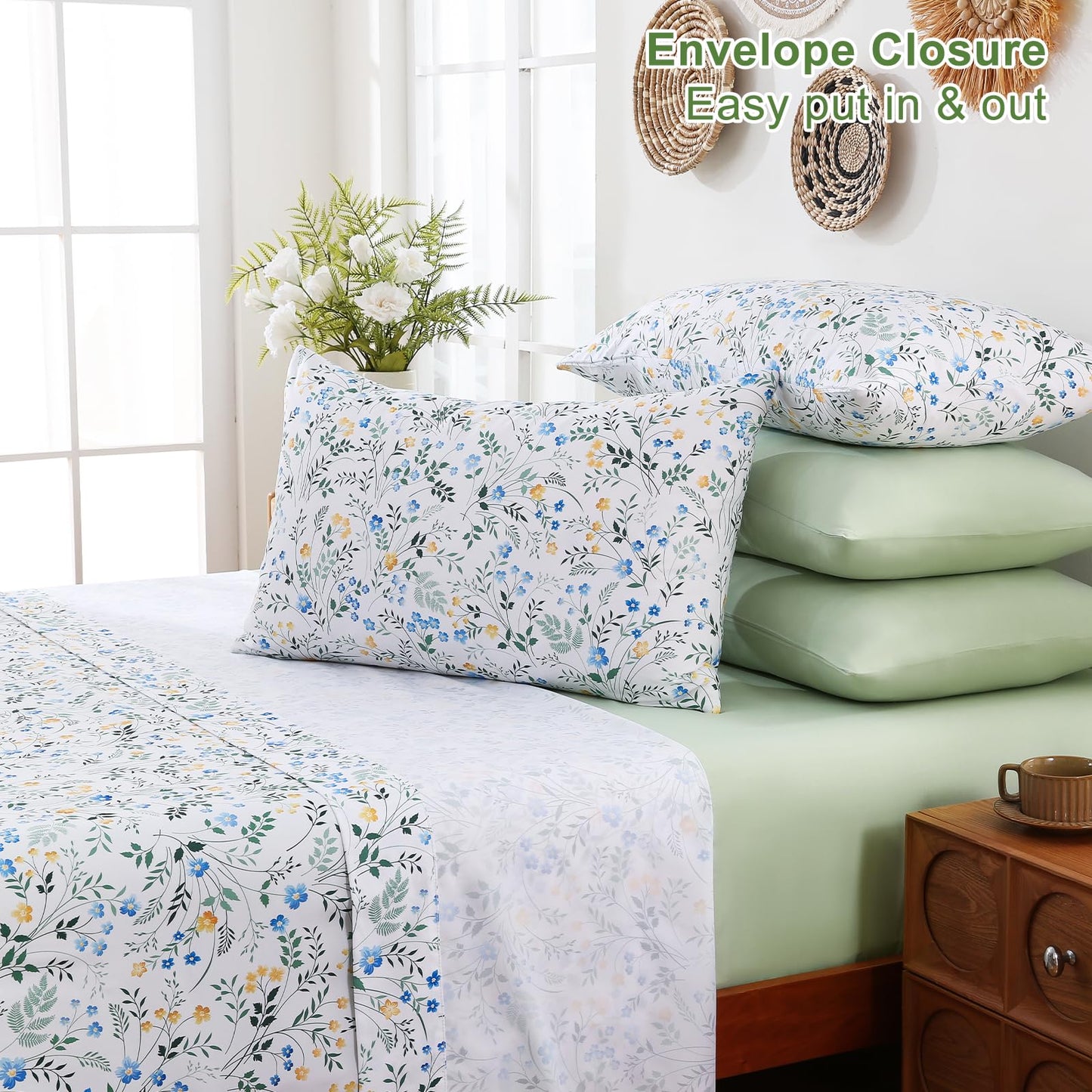 Swiftify Botanical Queen Bed Sheets Set 6-Piece, Boho Floral Brushed Microfiber Sheets, Cooling Bed Sheet Set, Soft & Breathable, 16' Deep Pocket Fitted Sheet & Pillowcase Set, Springfield Flowers