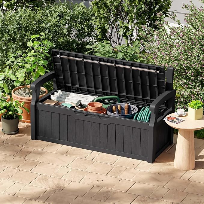 Patiowell 75 Gallon Plastic Storage Bench, Water-Resistant Deck Box for Patio Furniture, Garden Tools, Pool Storage and Outdoor Cushions, Black