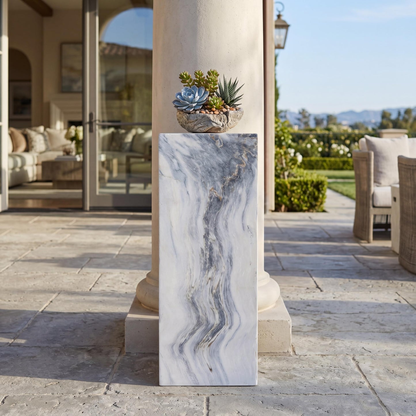 Handcrafted Marble Effect Pedestal, 30.3" Tall, Indoor & Outdoor Display Stand, Square Base, Heavy-Duty 100 lbs Capacity, Unique Grey-Blue Veining, Plant Stand, Sculpture Plinth, Side Table Accent