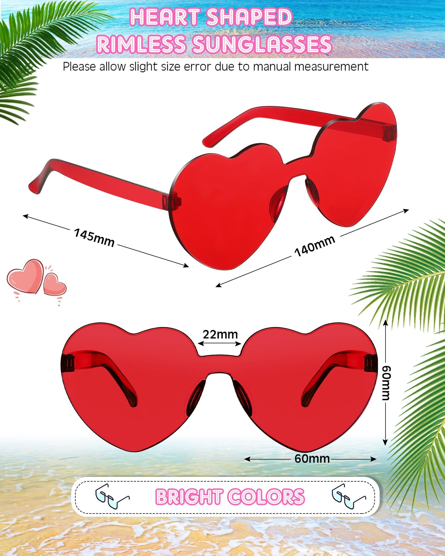 Photect 12 Pair Heart Shaped Sunglasses for Women Neon Color Transparent Heart Glasses Halloween Party Favor(Red)