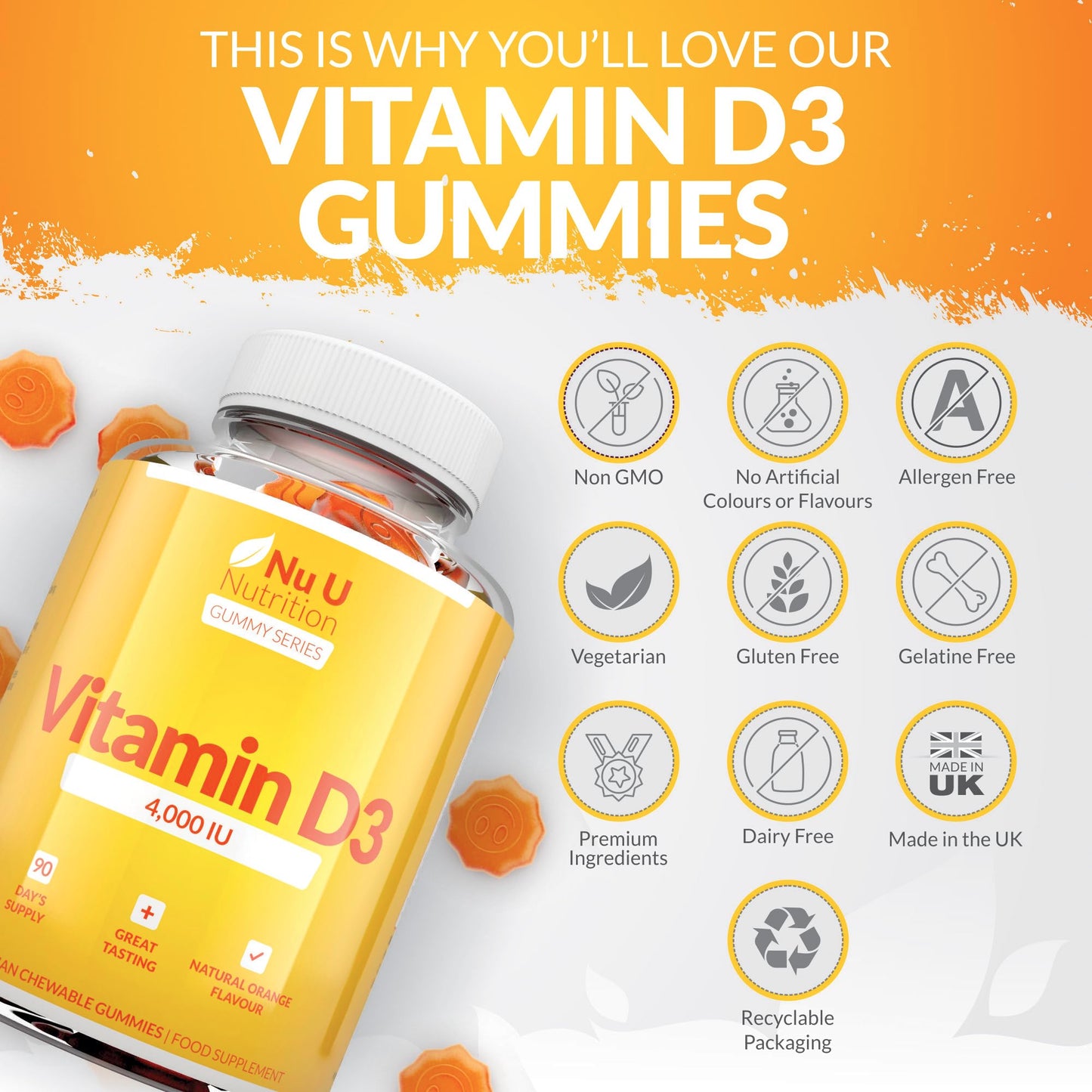 Vitamin D3 Gummies 4000 IU Adults - 90 High Strength Gummies - 1 a Day - Natural Orange Flavour - Vegetarian VIT D Supplement - Chewable VIT D Gummy - Made in The UK - Nu U Nutrition
