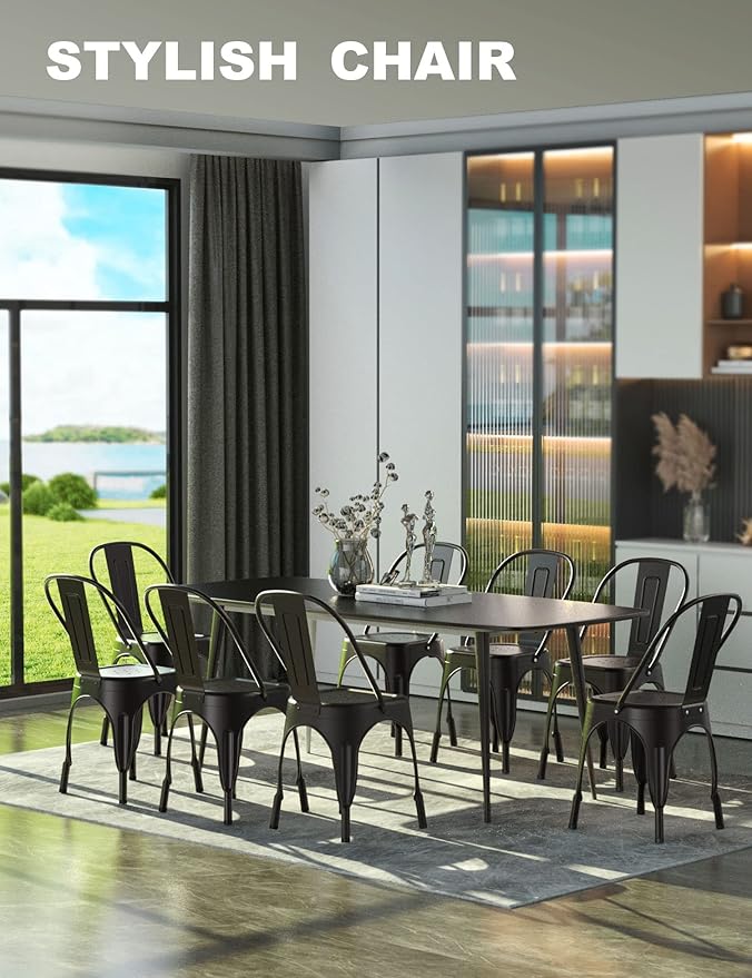 Nazhura Metal Dining Chair Farmhouse Tolix Style for Kitchen Dining Room Café Restaurant Bistro Patio, 18 Inch, Stackable, Waterproof Indoor/Outdoor (Sets of 4) (Black)
