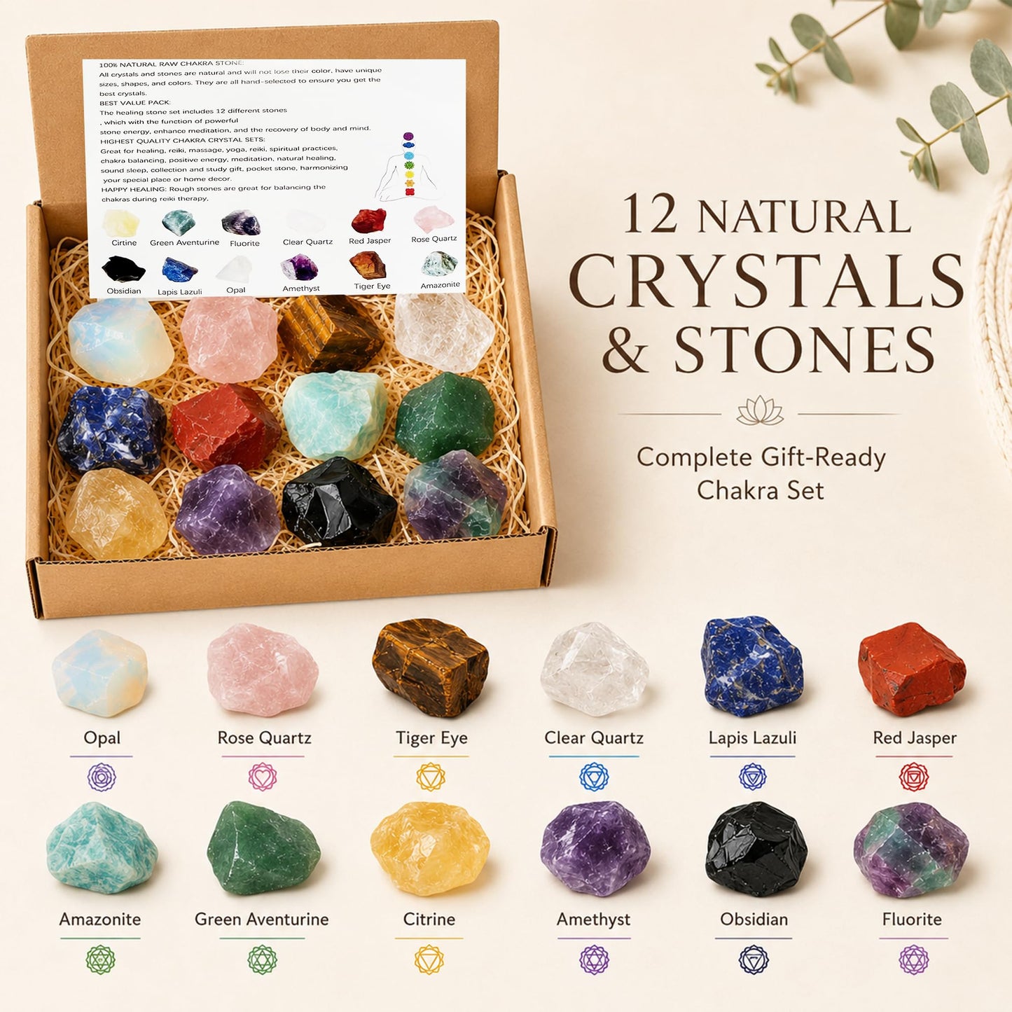 12Pcs Natural Crystals and Healing Stones Kit for Chakra Balance, Reiki, Meditation, Anxiety Relief, Crystal Decor & Thoughtful Crystal Gifts (12 Piece Crystal)