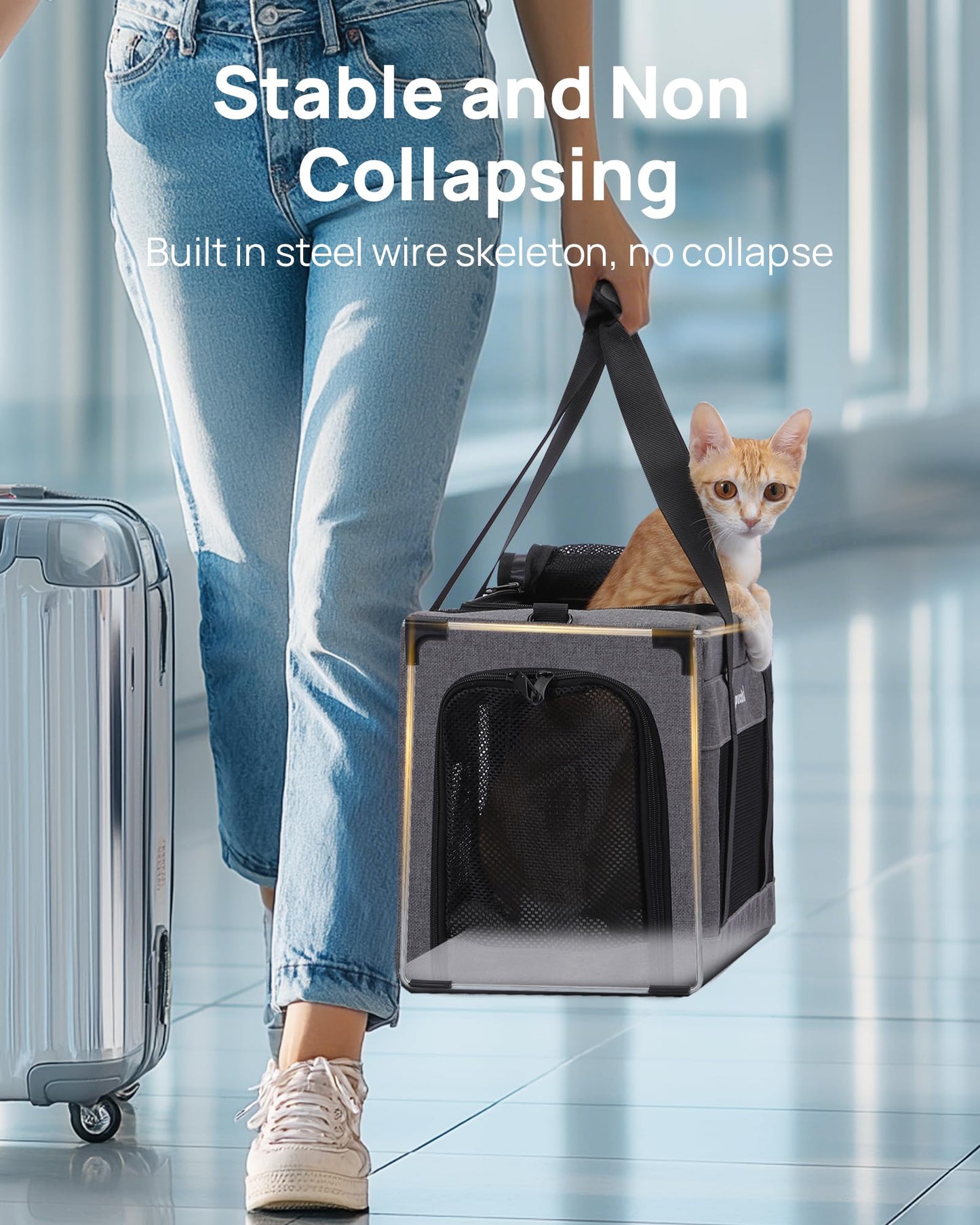 pecute® Cat Carrier Airline Approved, Extra Stable Cat Carrier Handbag, Portable Dog Carrier, Breathable Mesh Fabric Bag for Pets, Pet Carrier Suitable for Both Long And Short Trips Grey