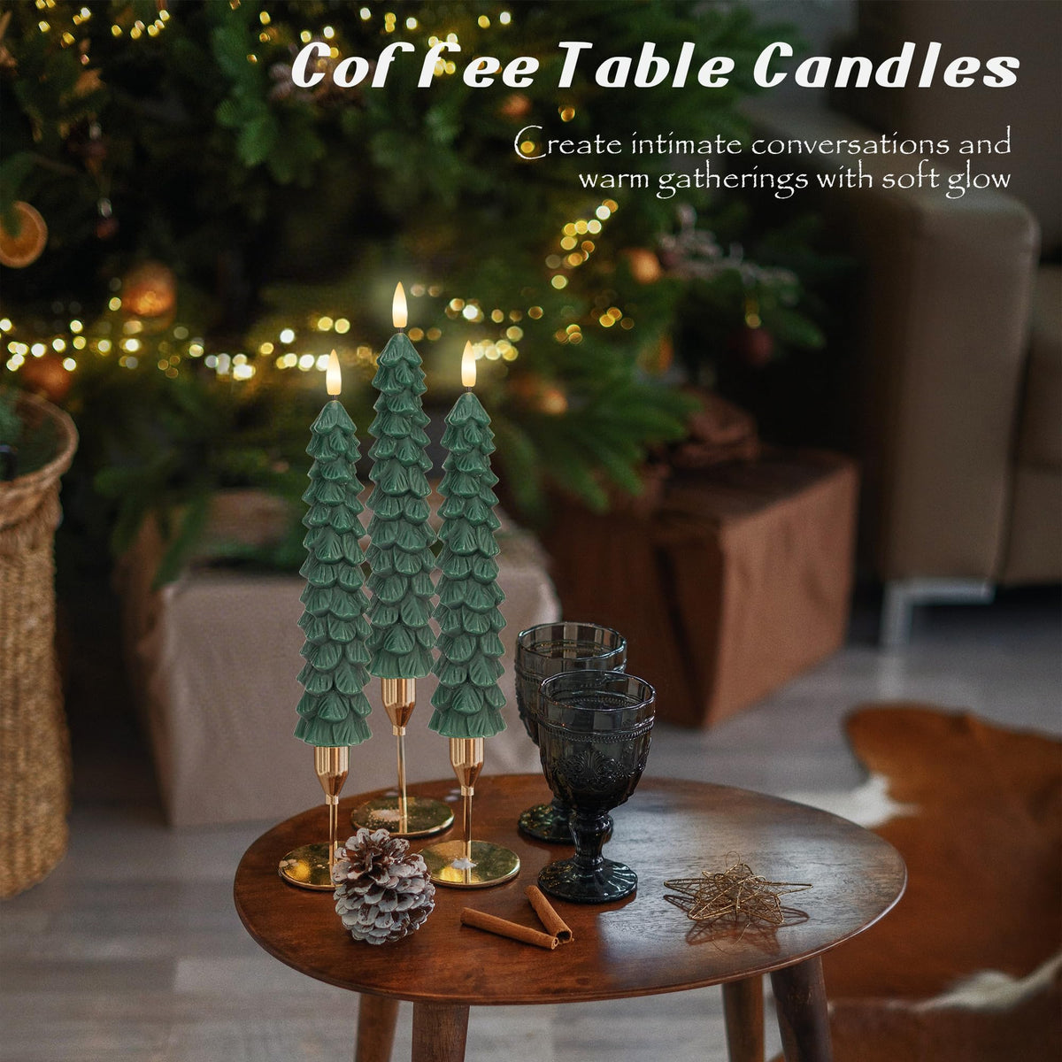 JOIONE Christmas Tree Flameless Taper Candles with Remote 3 Packs, Battery Operated Real Wax LED Candlesticks with 3D Flickering Flame, Perfect for Holiday, Christmas and Home Decor, Green