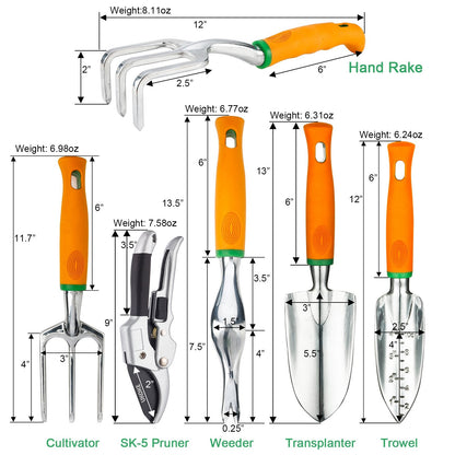 UKOKE Garden Tool Set, 12 Piece Aluminum Hand Tool Kit, Garden Canvas Apron with Storage Pocket, Outdoor Tool, Heavy Duty Gardening Work Set with Ergonomic Handle, Gardening Tools for women men