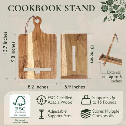 ULLAHOLM Wood Cookbook Stand for Kitchen Counter, Mother's Day Gift for Mom, Reversible Acacia Recipe Book Holder, Cooking Measurement Conversion Card, Adjustable Tablet Holder, Charging Cable Slot