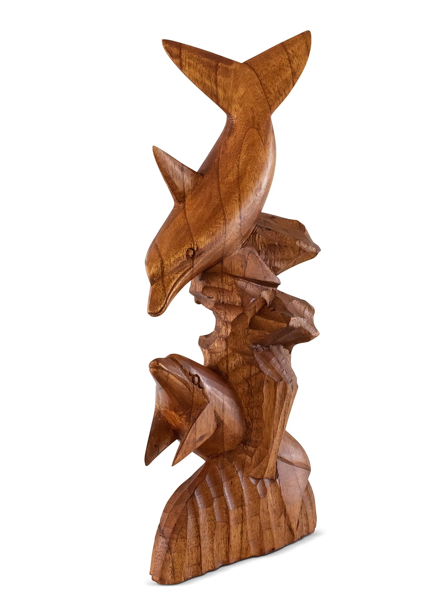 G6 Collection Wooden Hand Carved Dolphin Statue Sculpture Wood Decorative Home Decor Accent Figurine Handcrafted Handmade Seaside Tropical Nautical Ocean Coastal Decoration (2 Dolphins on Coral, 12")