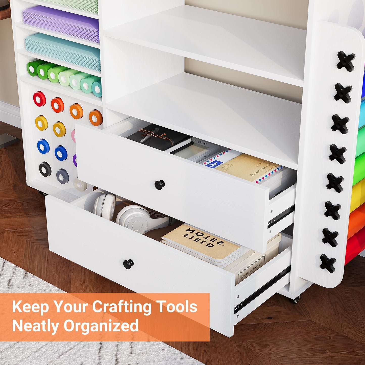 Craft Cart for Cricut Storage Organization, 42'' Rolling Craft Cabinet with 24 Vinyl Roll Holder and 2 Large Drawers Compatible with Cricut Machine White
