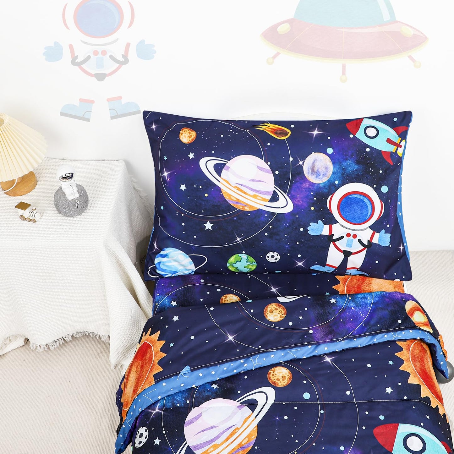 SWESEN Toddler Bedding Set for Boys, Blue Space Toddler Boy Bedding Set, Soft & Lightweight 4 Piece Toddler Comforter Sets Include Comforter, Flat Sheet, Fitted Sheet, Pillowcase