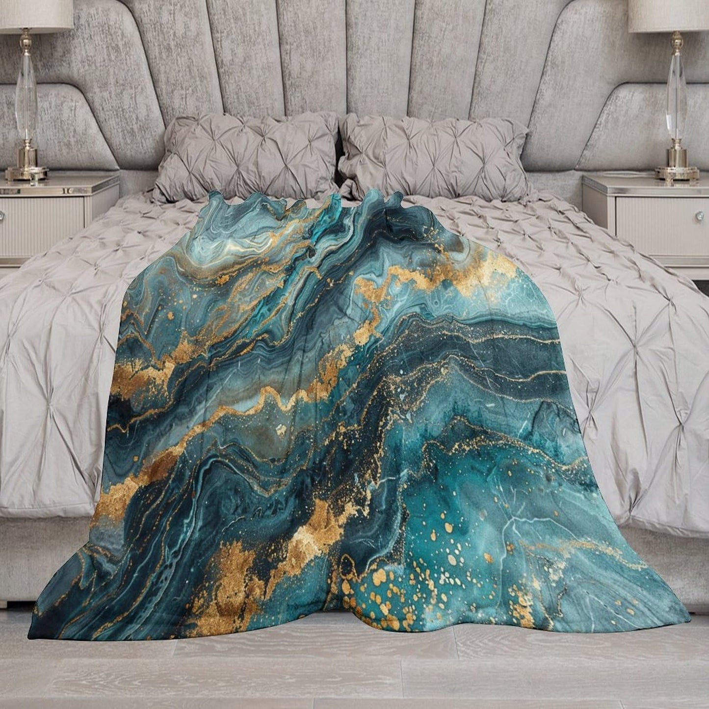 Marble Throw Blanket, Modern Abstract Foil Stone Texture Teal Gold Marble Super Soft Fuzzy Fluffy Blanket for Couch & Bed, Cozy Sofa Warm Blanket for Travel Camping 40"x50"