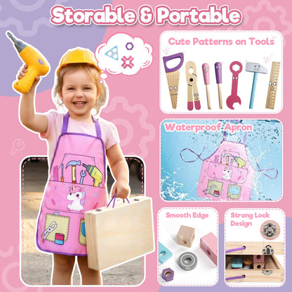 TONZE Pink Wooden Kids Tool Set with Drill 44Pcs Educational Montessori Toys for 3 Year Old Girl, STEM Toys Toddler Tool Set with Apron & Box Birthday Gifts for 3 4 5 6 Year Old Girls
