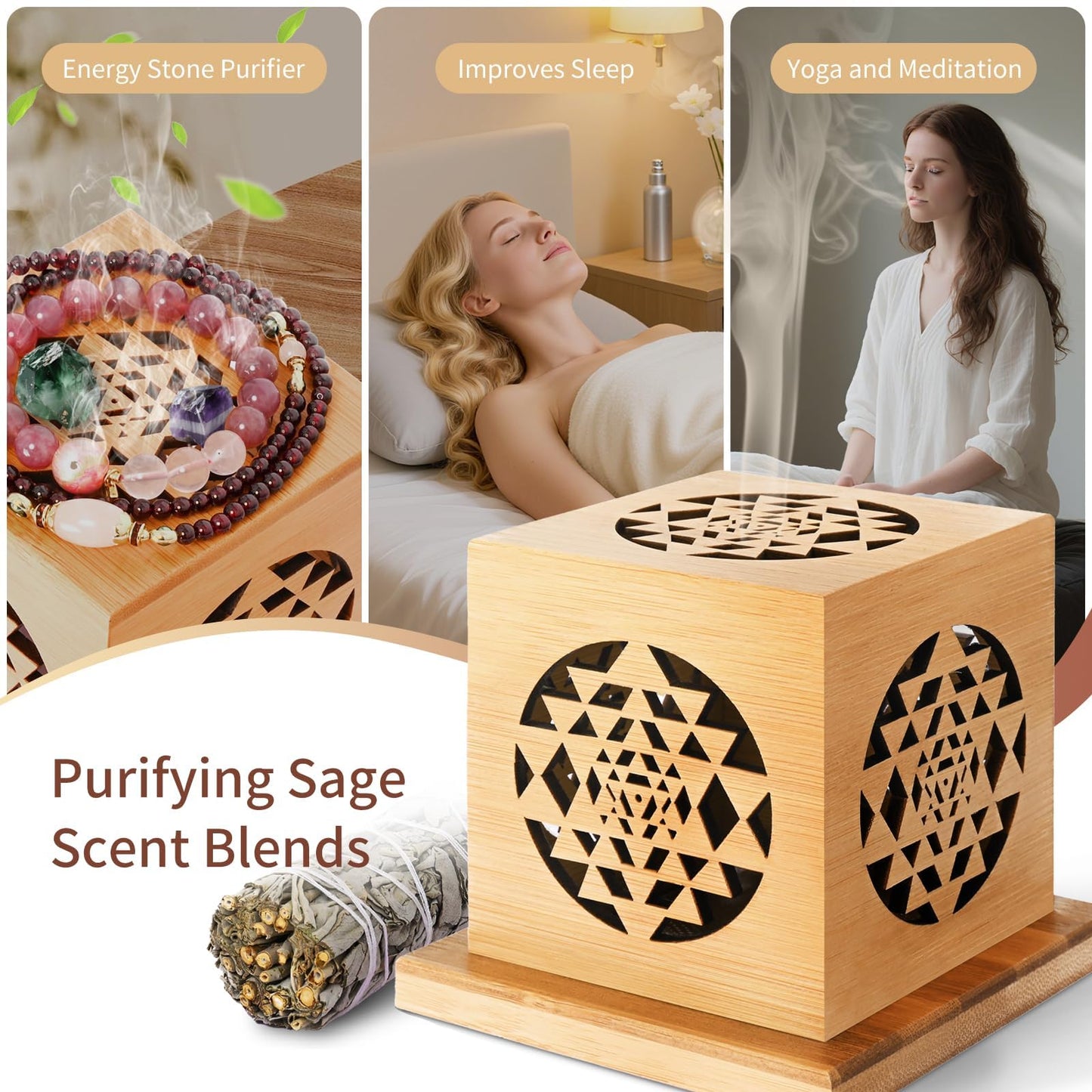 Sereniboo Bamboo Lantern Incense Holder 5-in-1 Incense Burner with Solar LED Candle Natural Bamboo Incense Box for Stick Cone Coil Sage Waterproof Outdoor Lantern for Yoga Meditation Home Decor