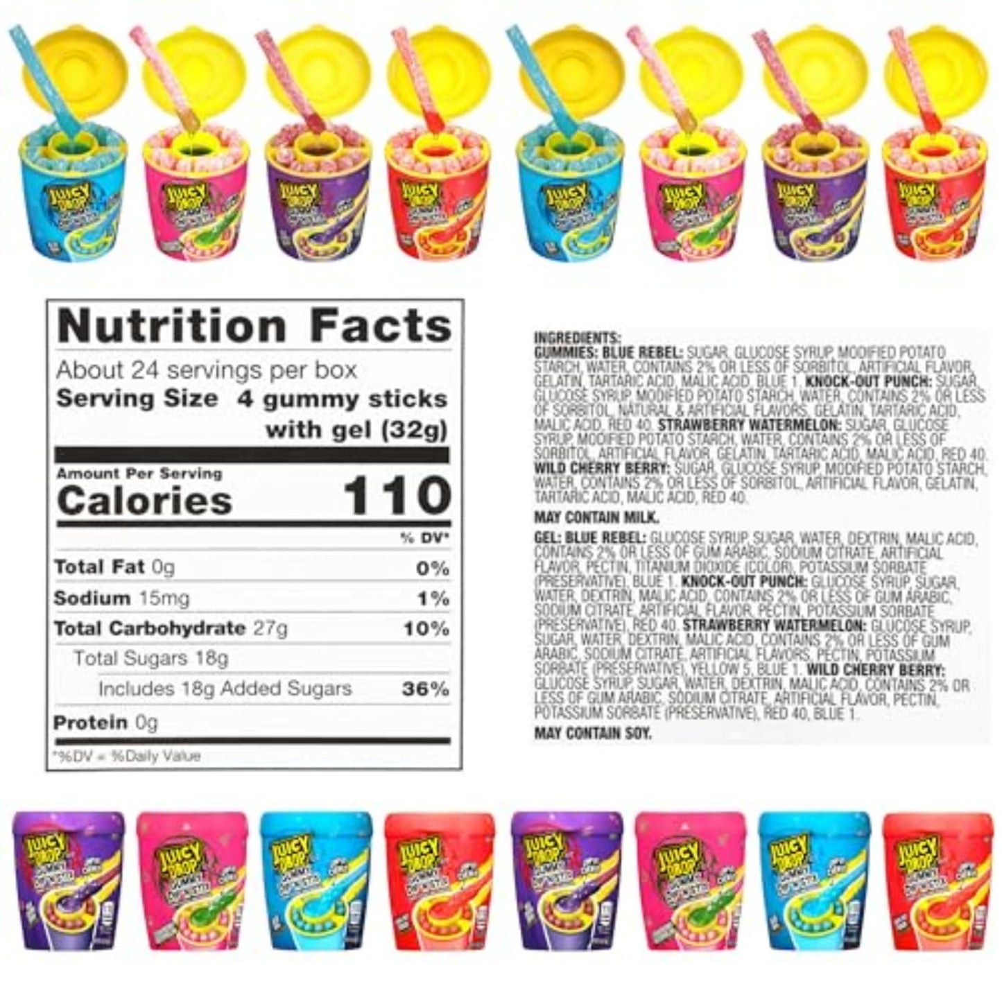 Juicy Drop Gummy Dip 'N Stix Assorted Halloween Candy Variety Pack, Sweet Gummy Sticks W/ Sour Dipping Gel, 8Ct, Sour Candy Pack for Party Favors, Trick or Treat, Halloween Bowls, Kids Gifts