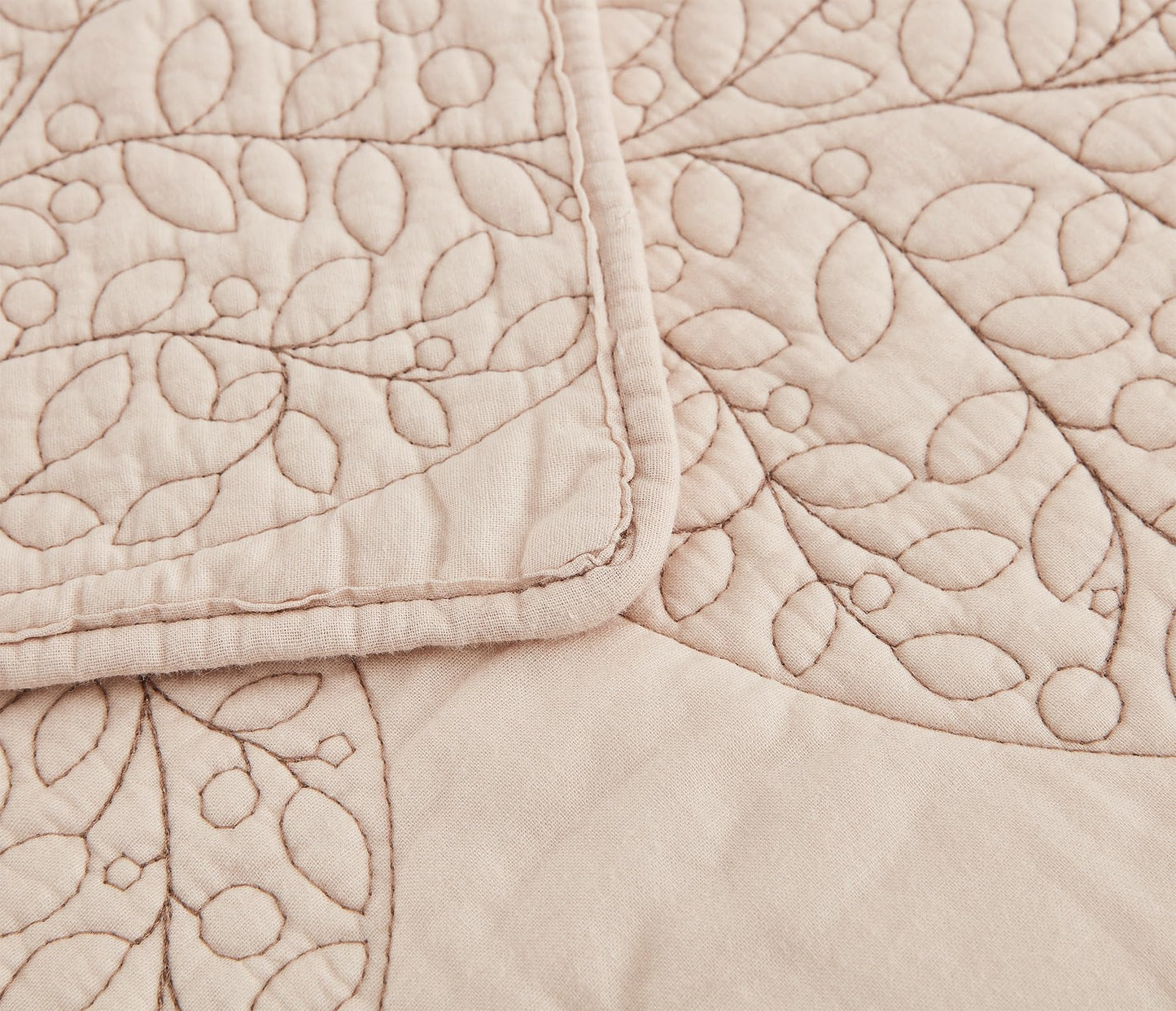 CHIXIN Botanical Cotton Quilt King Size - Real Stitching Leaf Pattern - Quilted Bedspread Coverlet Set, Ultra Soft, Lightweight, Reversible, 3 Piece, Oatmeal