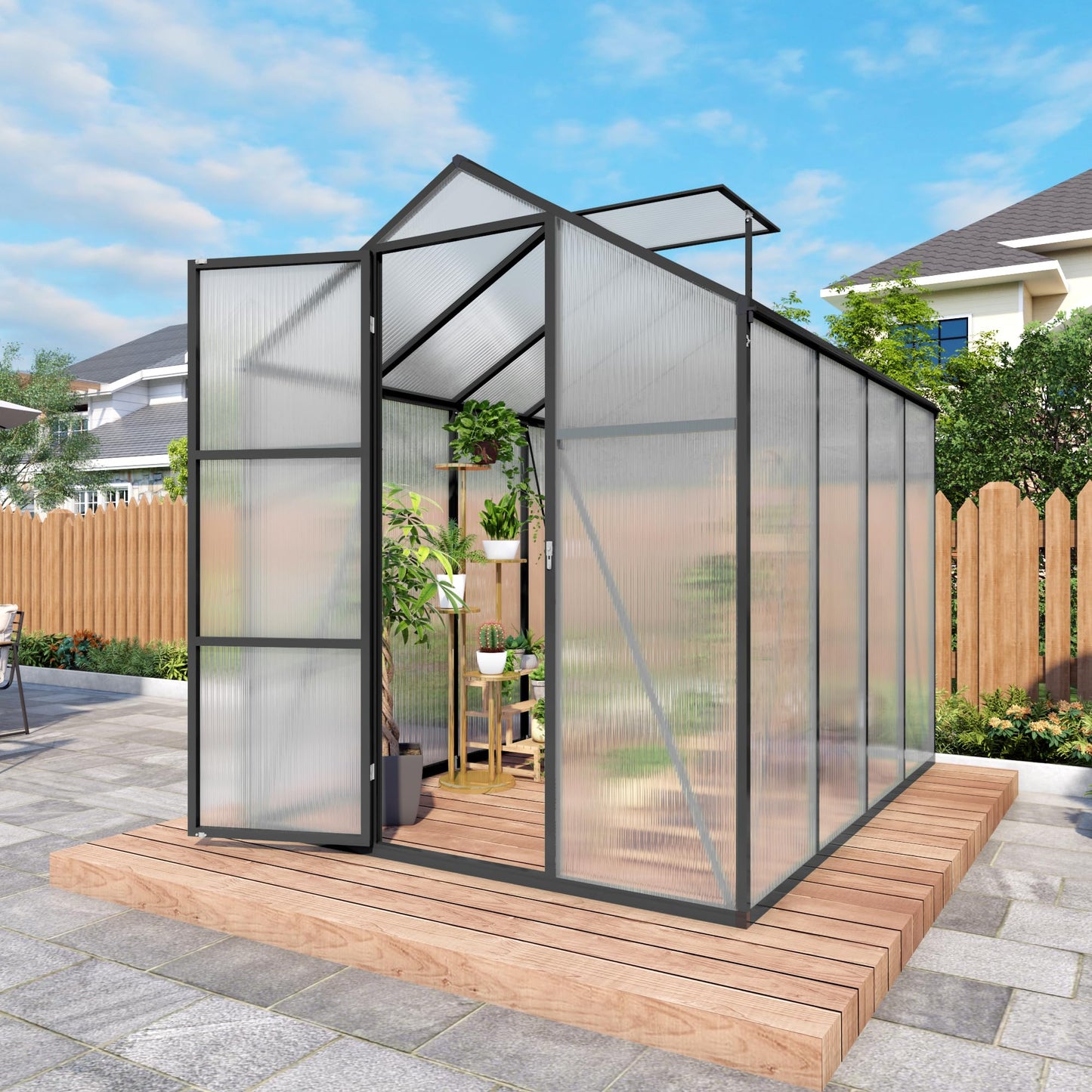 6x14FT Walk-in Polycarbonate Greenhouse Kit, Aluminum Frame Garden Greenhouse with Vent Windows & Rain Gutter, UV Resistant Plant Nursery House for Backyard Patio Plant Growing Shelter