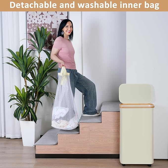 Laundry Basket with Wheels, 75L Beige Clothes Hamper